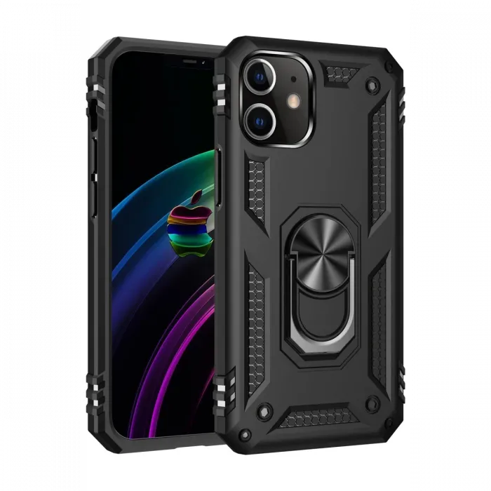 Newface iPhone 12 Kılıf Sofya Yüzüklü Silikon Kapak - Siyah