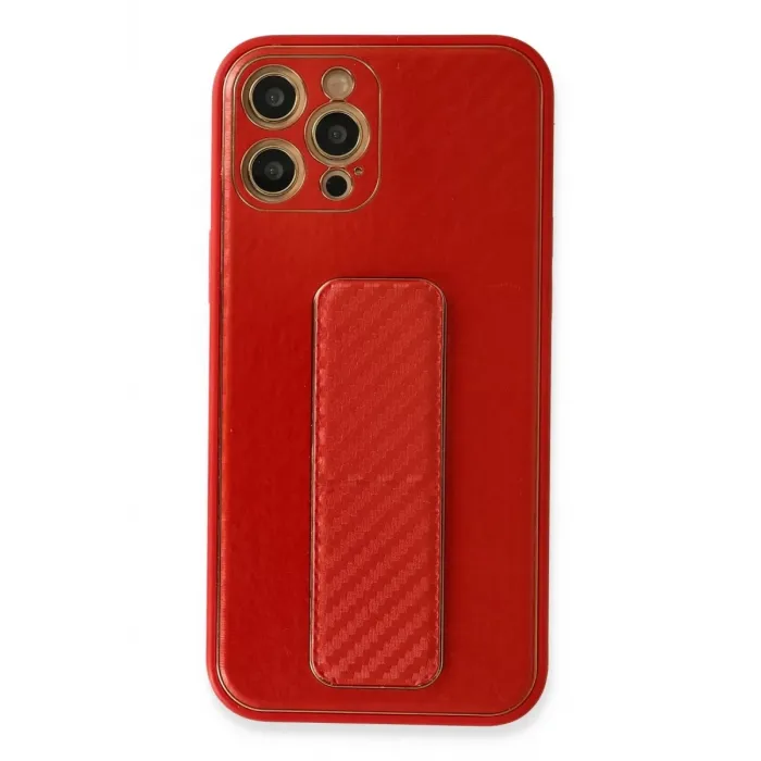 Newface iPhone 12 Pro Kılıf Coco Karbon Standlı Kapak - Kırmızı