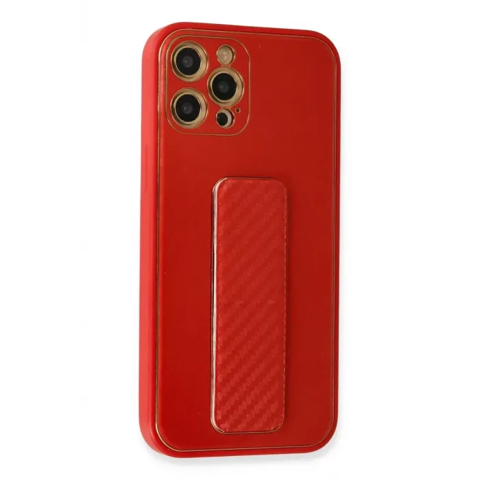 Newface iPhone 12 Pro Kılıf Coco Karbon Standlı Kapak - Kırmızı