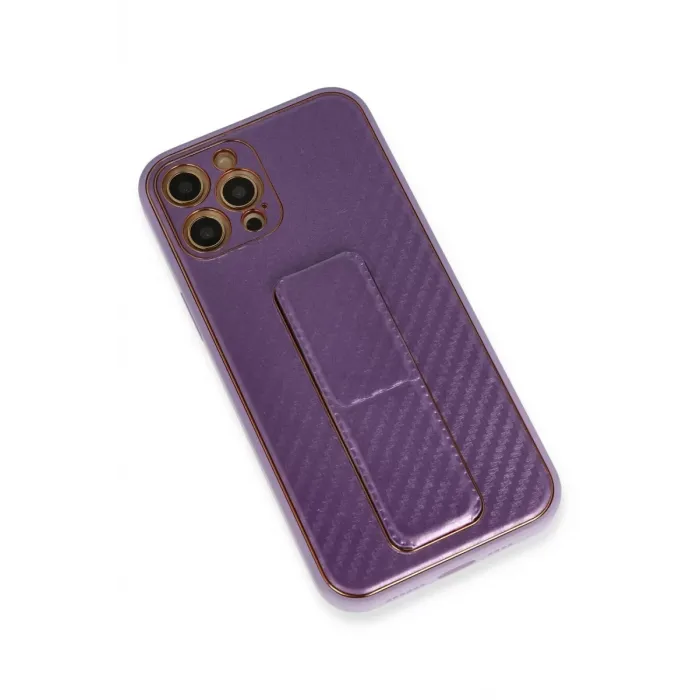 Newface iPhone 12 Pro Kılıf Coco Karbon Standlı Kapak - Mor