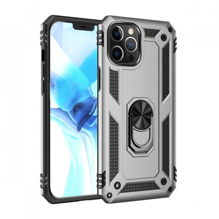 Newface iPhone 12 Pro Max Kılıf Sofya Yüzüklü Silikon Kapak - Gümüş