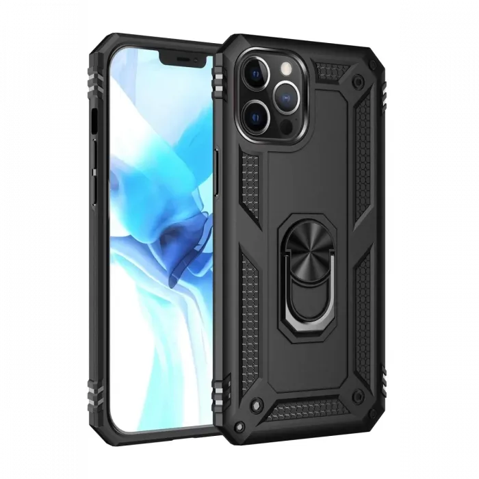 Newface iPhone 12 Pro Max Kılıf Sofya Yüzüklü Silikon Kapak - Siyah