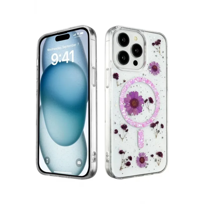 Newface iPhone 14 Pro Max Kılıf Daisy Simli Magsafe Kapak - Mor