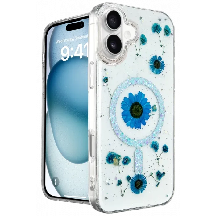 Newface iPhone 16 Kılıf Daisy Simli Magsafe Kapak - Mavi