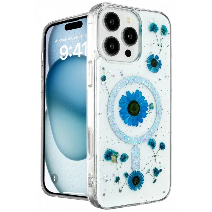 Newface iPhone 16 Pro Kılıf Daisy Simli Magsafe Kapak - Mavi