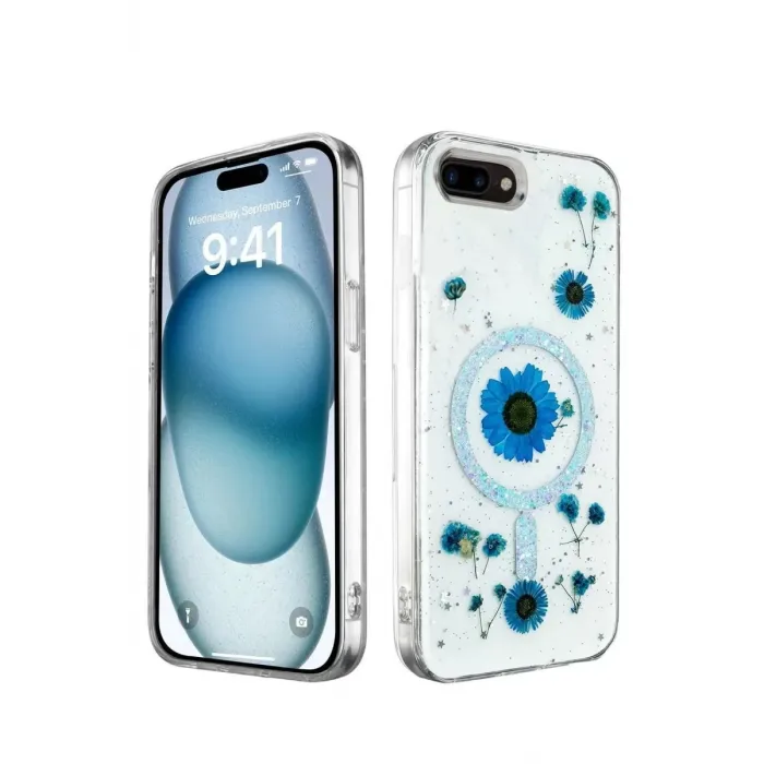 Newface iPhone 7 Kılıf Daisy Simli Magsafe Kapak - Mavi