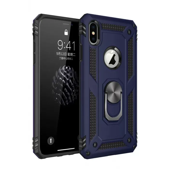 Newface iPhone X Kılıf Sofya Yüzüklü Silikon Kapak - Lacivert