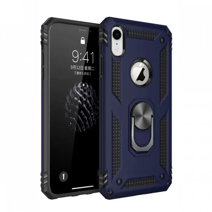Newface iPhone XR Kılıf Sofya Yüzüklü Silikon Kapak - Lacivert