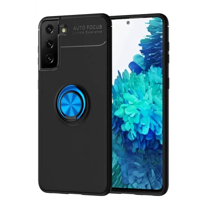 Newface Samsung Galaxy S21 Plus Kılıf Range Yüzüklü Silikon - Siyah-Mavi