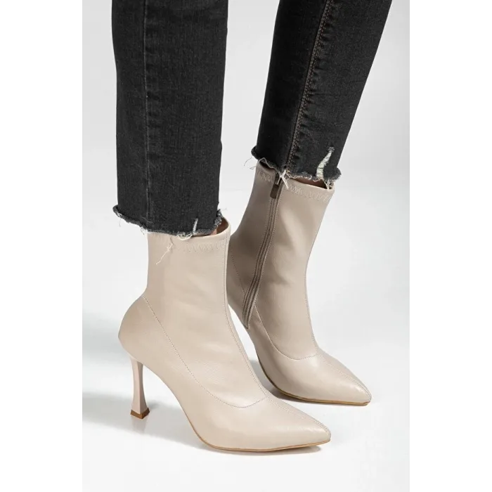 Orjen Bej Cilt Streç Topuklu Bot