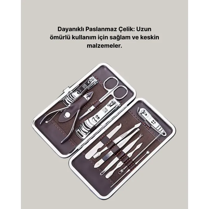 Özel Deri Çantalı 12 Parça Manikür Pedikür Bakım Seti Paslanmaz Çelik