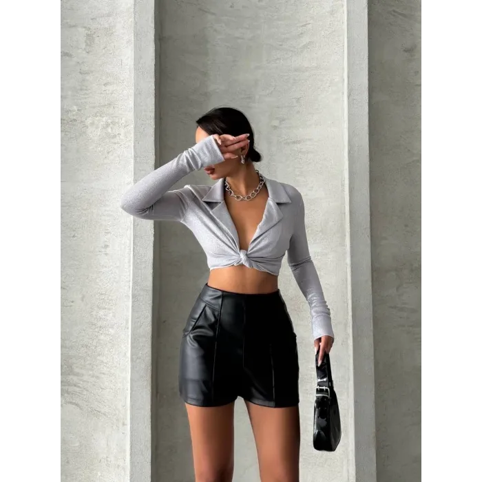 Parçalı cepli deri şort siyah w26312