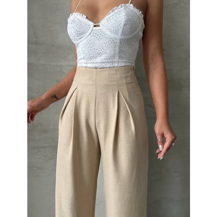 Pileli keten pantolon s255046