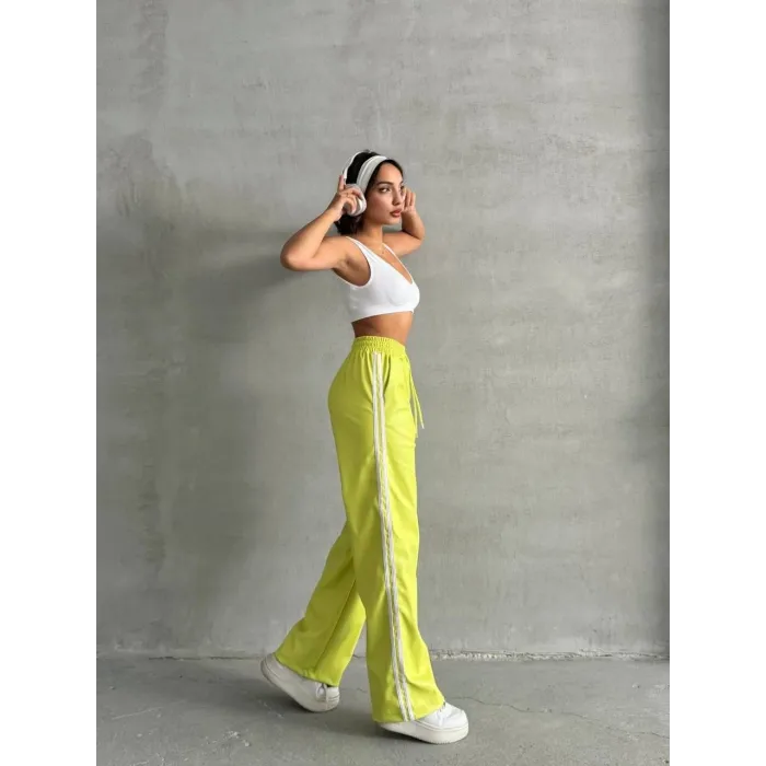 Şeritli deri pantolon yeşil h26430