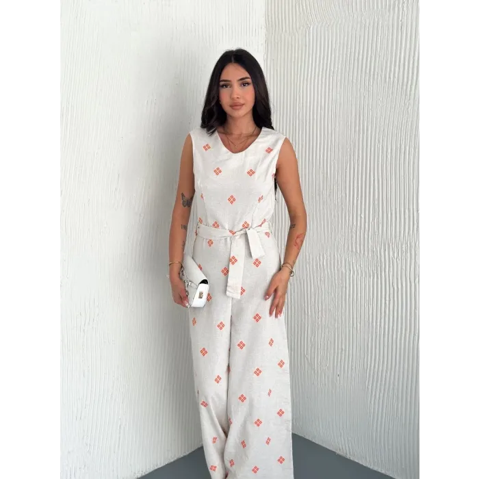 Sırt dekolteli keten beyaz tulum S1036