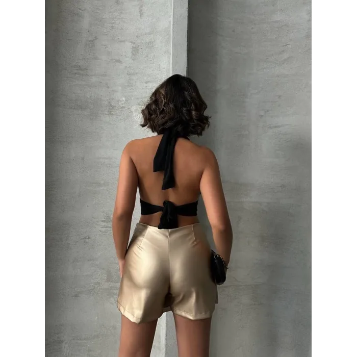 Taşlı şort etek deri gold h240018