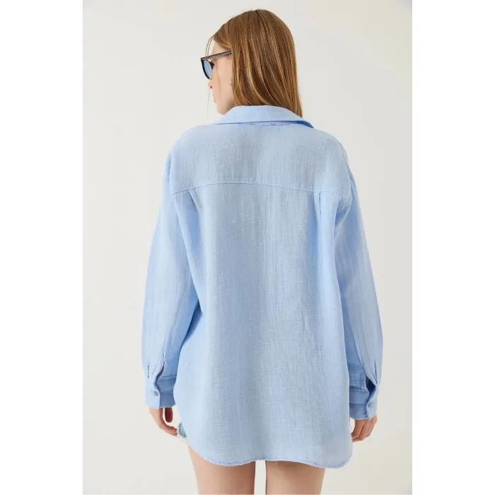 Tek cepli müslin gömlek mavi pt