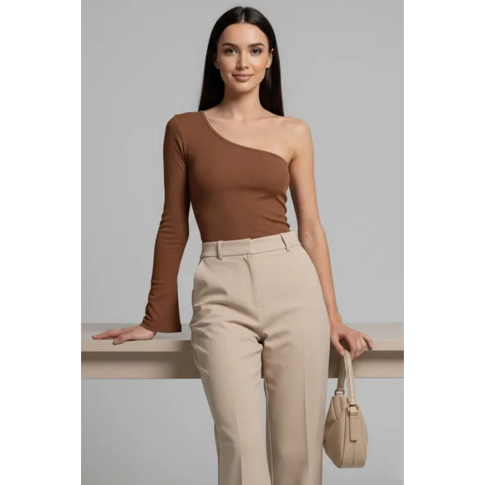 Tek Omuzlu Basic Bluz kahve T4275