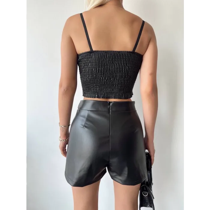 Tokalı deri şort siyah s24444