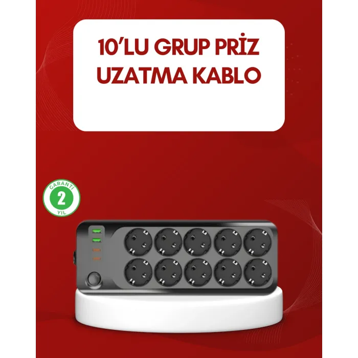 USB Type-C Destekli 10’lu Grup Priz Termal Korumalı 2m Kablo 2500W