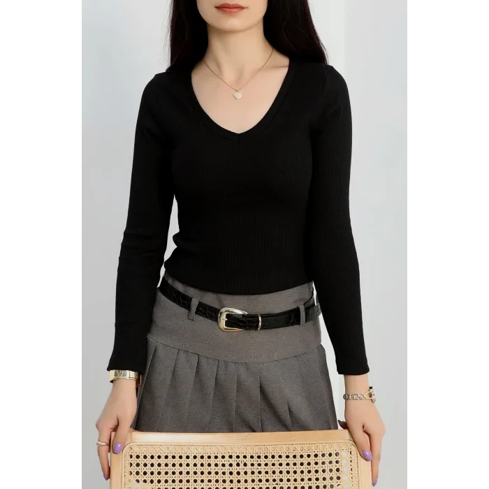 V yaka kaşkorse bluz siyah a3699