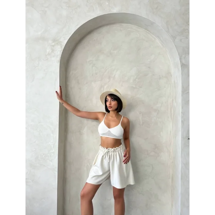 Volanlı keten şort bej s255058