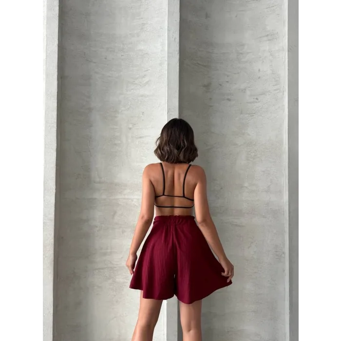 Volanlı keten şort bordo s255058