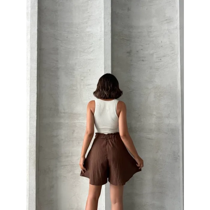 Volanlı keten şort kahve s255058