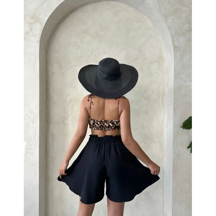 Volanlı keten şort siyah s255058