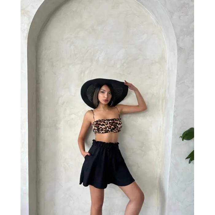 Volanlı keten şort siyah s255058