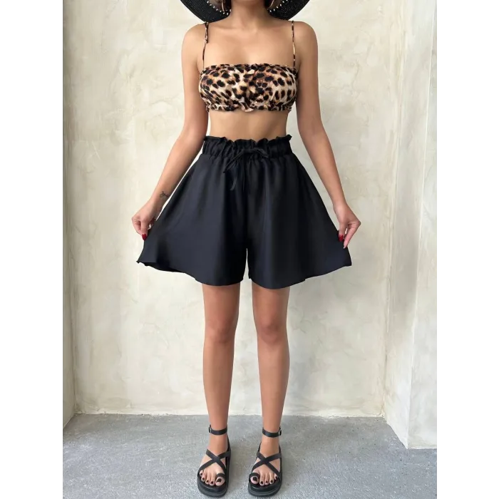 Volanlı keten şort siyah s255058