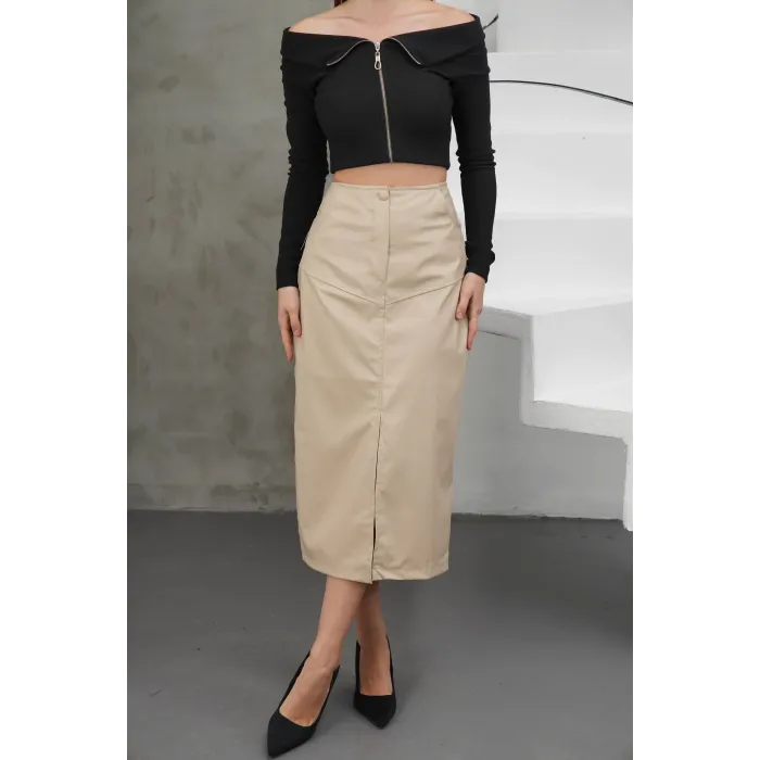 Yırtmaçlı uzun deri etek bej