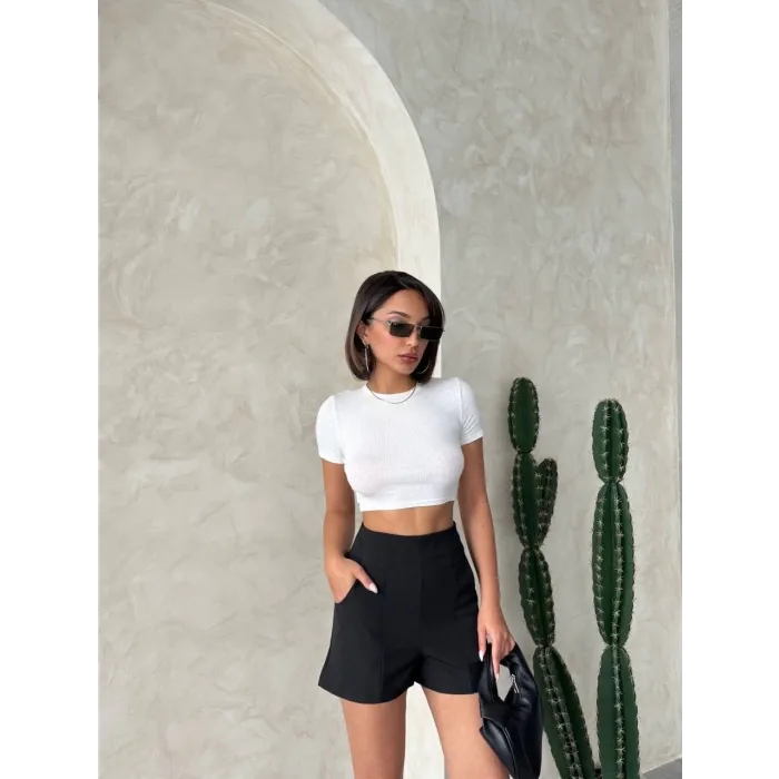 Yüksek bel parçalı double kumaş şort s25312