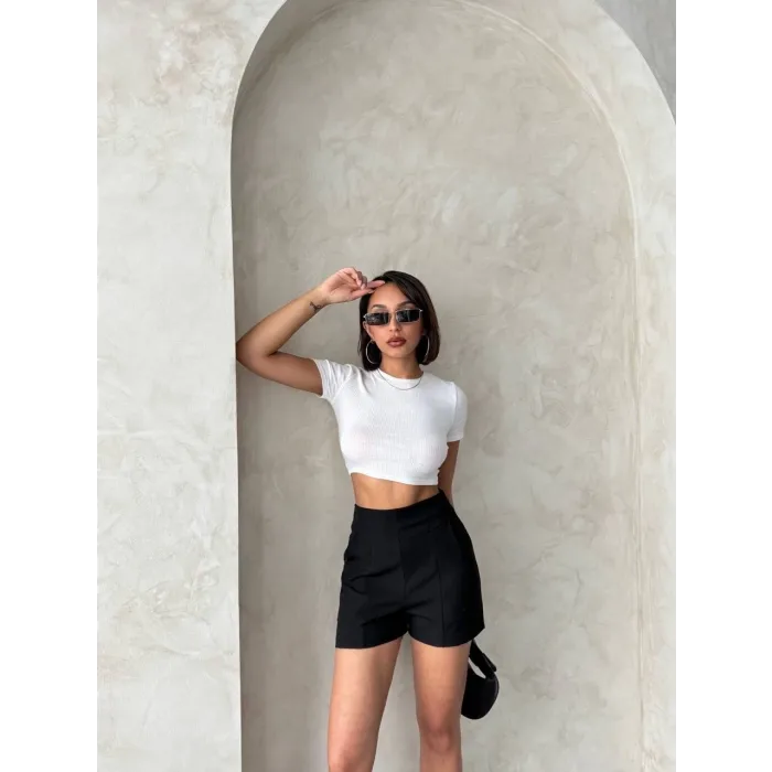 Yüksek bel parçalı double kumaş şort s25312