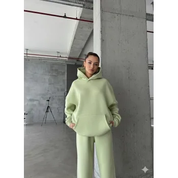 3 iplik şardonlu kapşonlu sweatshirt mint p510436