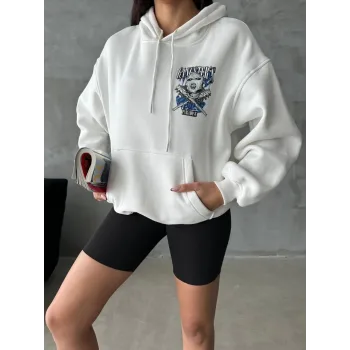 3 iplik şardonlu oversize kafa baskılı sweat beyaz