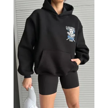 3 iplik şardonlu oversize kafa baskılı sweat siyah