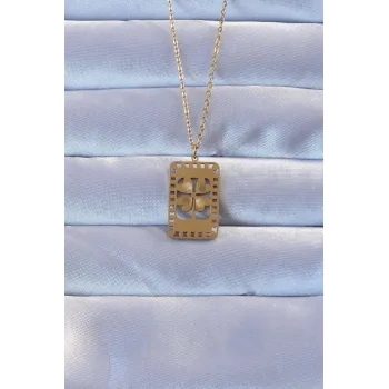 316L Altın Renk İşlemeli Yonca Model Vintage Kolye