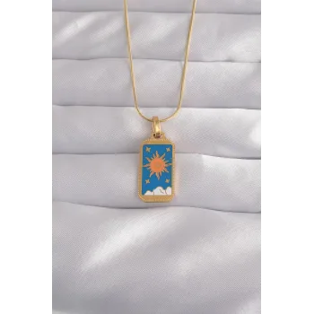 316L Çelik Gold Renk Mavi Mineli Güneş Model Tarot Kolye