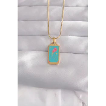 316L Çelik Gold Renk Mavi Mineli Tarot Kolye