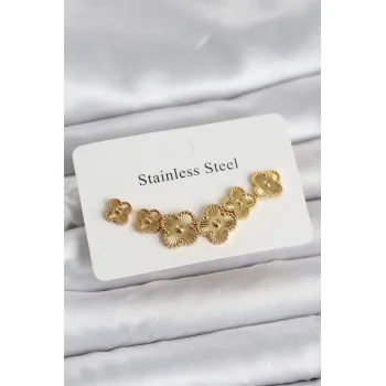 316L Çelik Gold Renk Yonca Küpe Seti