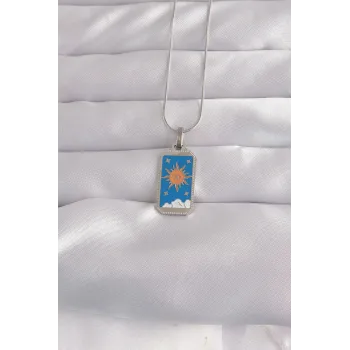 316L Çelik Gümüş Renk Mavi Mineli Güneş Model Tarot Kolye