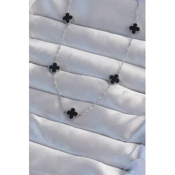 316L Çelik Gümüş Renk Minimal Siyah Mineli Yonca Kolye