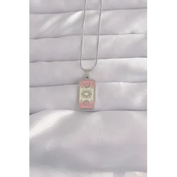 316L Çelik Gümüş Renk Pembe Mineli Ay Figür Tarot Kolye