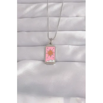 316L Çelik Gümüş Renk Pembe Mineli Güneş Model Tarot Kolye