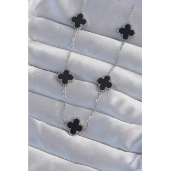 316L Çelik Gümüş Renk Siyah Mineli Yonca Kolye