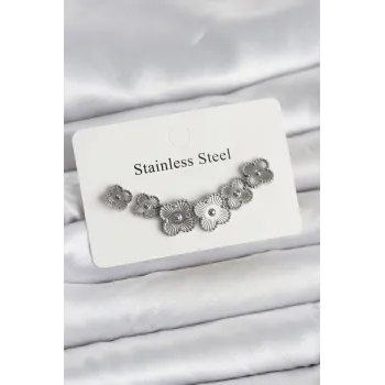 316L Çelik Gümüş Renk Yonca Küpe Seti