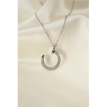 Çelik Silver Renk Zirkon Taşlı Çivi Model Kadın Kolye