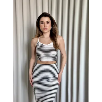 Çizgili etek crop takım