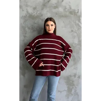 Çizgili ispanyol kol triko boğazlı kazak bordo elf